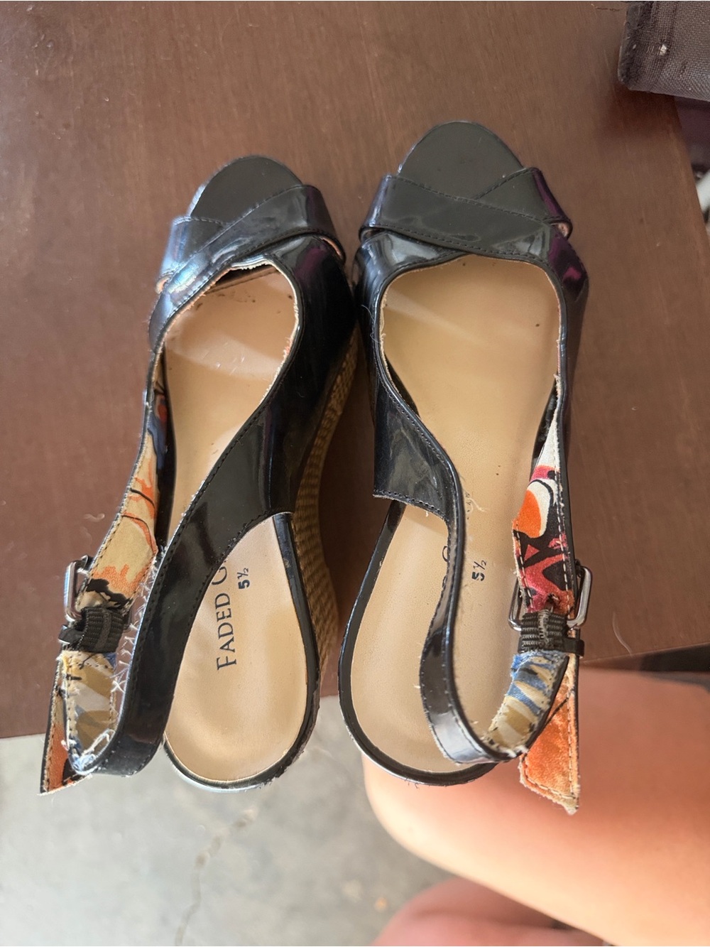 Faded Glory Black Patent Wedge Sandals with Patterned Ankle Strap